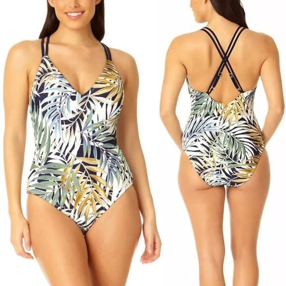NEW Hurley Women's L One Piece Swimsuit Cayman Palms Tropical Leaf UPF 50+ Comfy - Picture 2 of 14